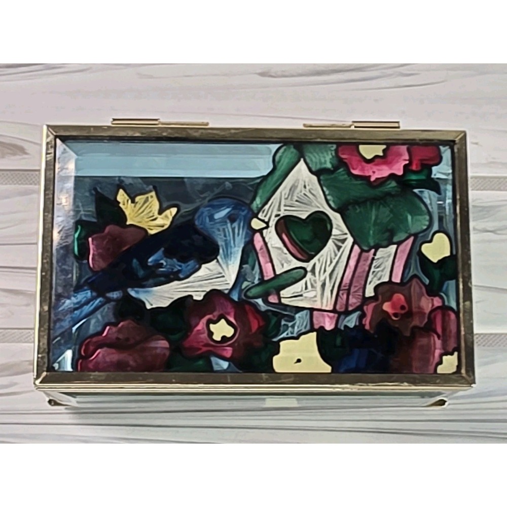 VTG Bird Birdhouse Stained Glass Trinket Box Joan Baker Designs 1994, Collectabl
